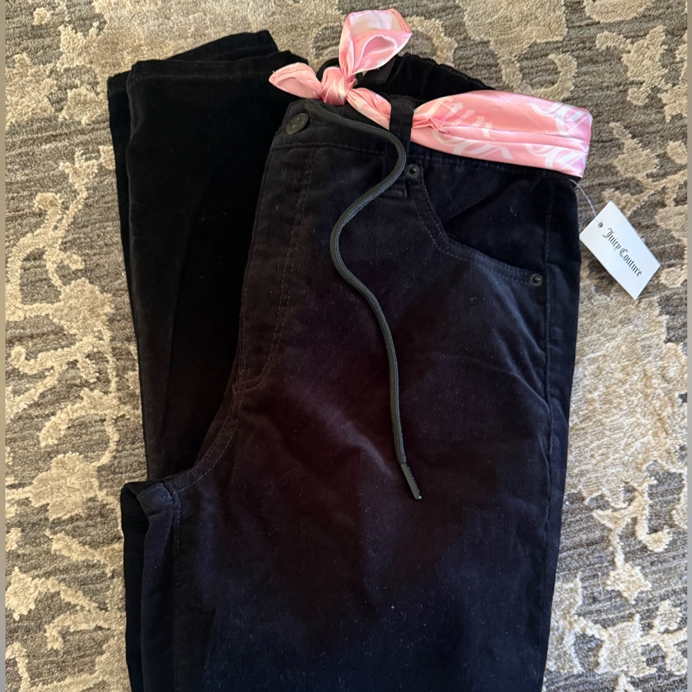 Juicy Couture Black corduroy Pants with Pink Scarf Accent
